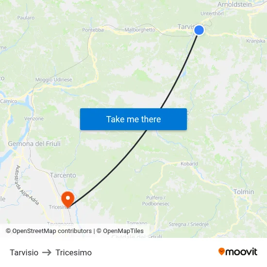 Tarvisio to Tricesimo map