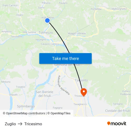 Zuglio to Tricesimo map