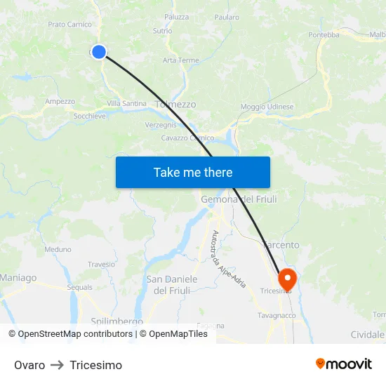 Ovaro to Tricesimo map