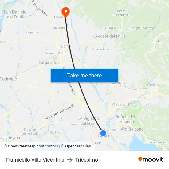 Fiumicello Villa Vicentina to Tricesimo map