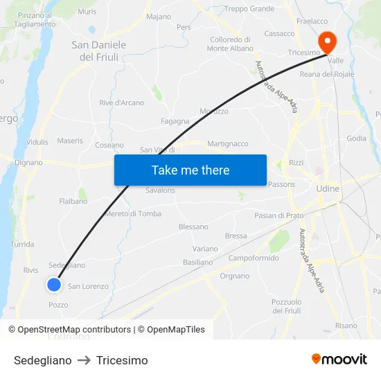 Sedegliano to Tricesimo map