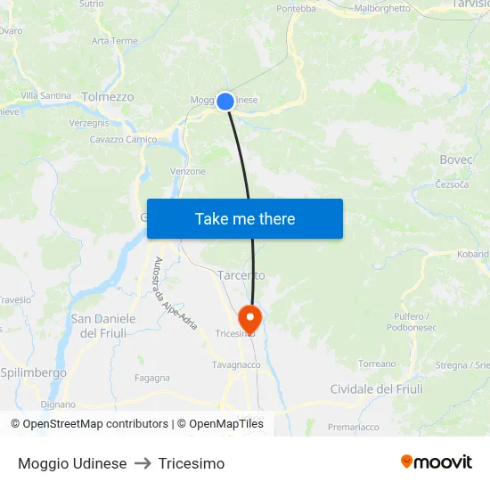 Moggio Udinese to Tricesimo map