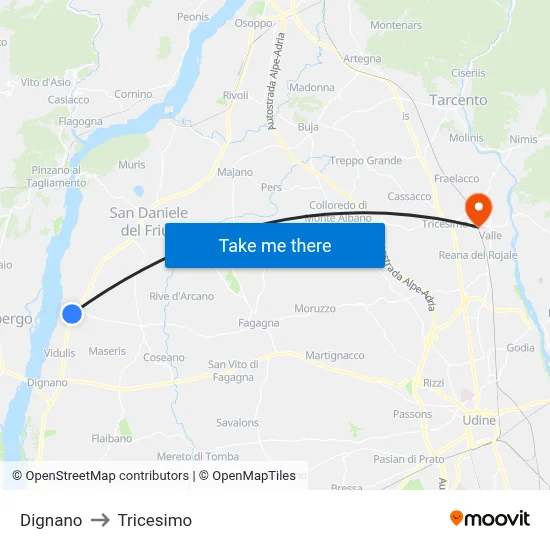 Dignano to Tricesimo map