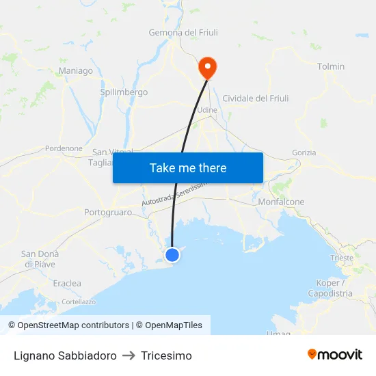 Lignano Sabbiadoro to Tricesimo map