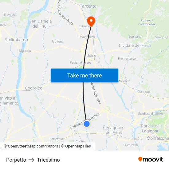 Porpetto to Tricesimo map