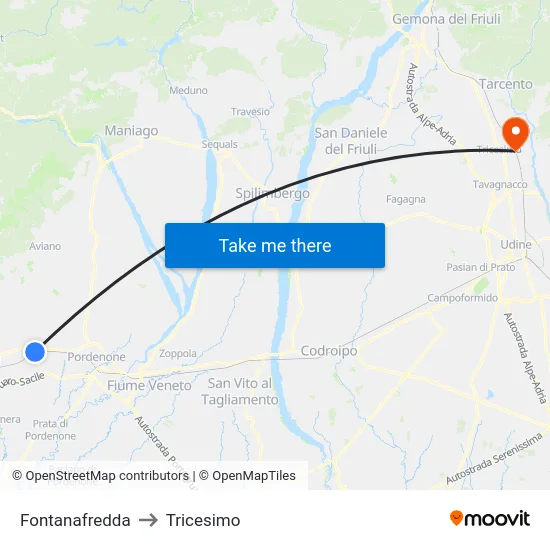 Fontanafredda to Tricesimo map