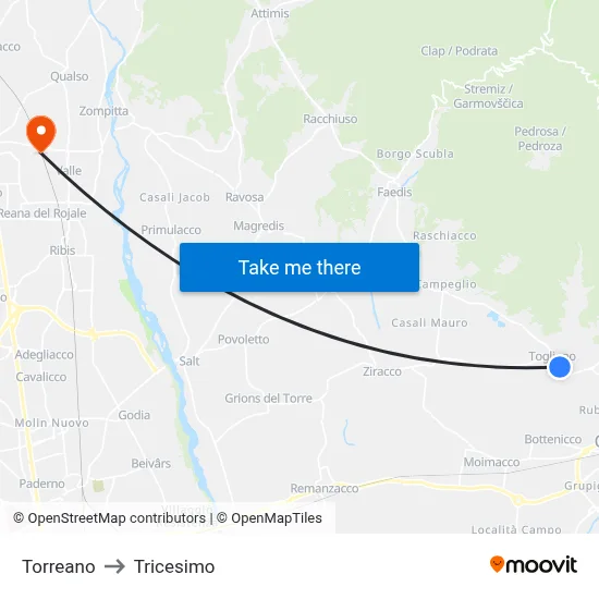 Torreano to Tricesimo map