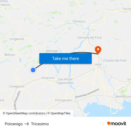 Polcenigo to Tricesimo map