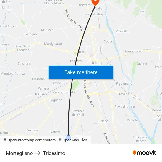 Mortegliano to Tricesimo map
