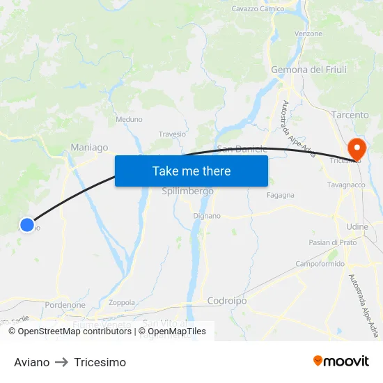 Aviano to Tricesimo map