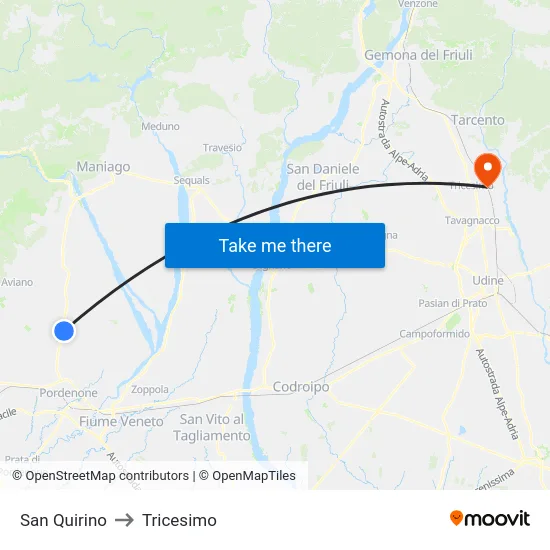 San Quirino to Tricesimo map
