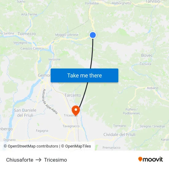 Chiusaforte to Tricesimo map