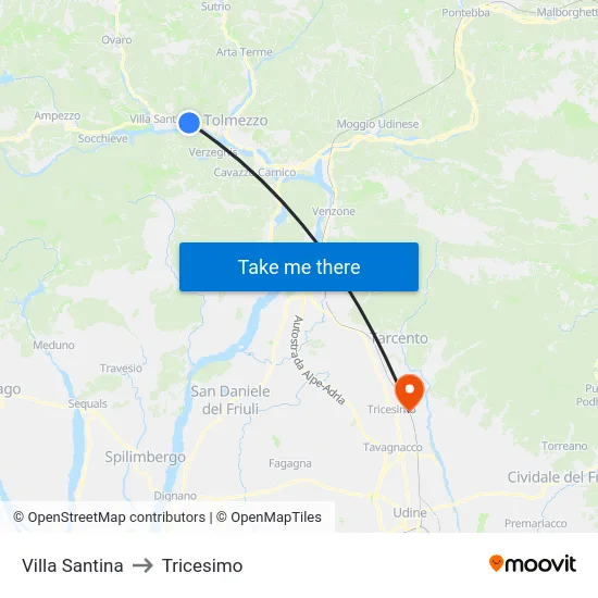 Villa Santina to Tricesimo map