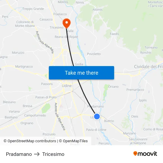 Pradamano to Tricesimo map