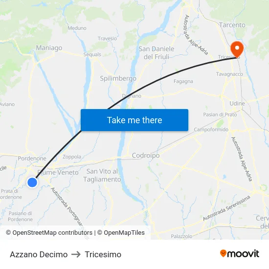 Azzano Decimo to Tricesimo map