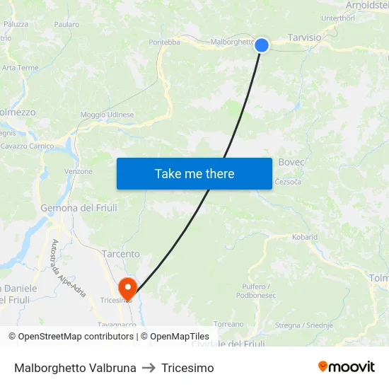 Malborghetto Valbruna to Tricesimo map
