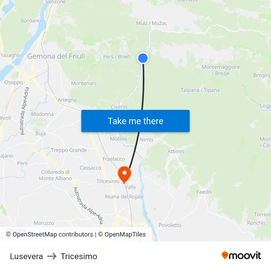 Lusevera to Tricesimo map
