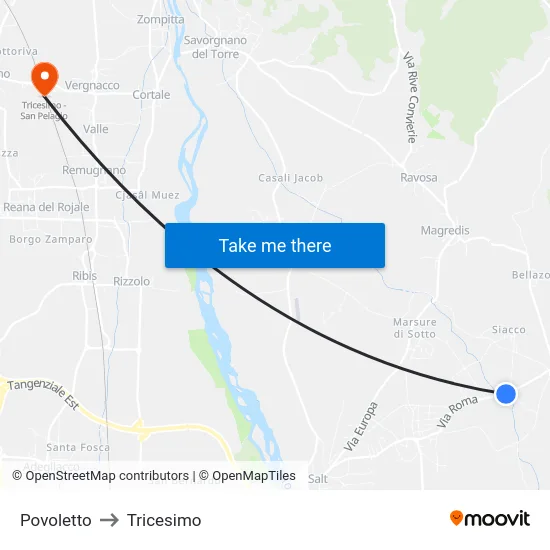 Povoletto to Tricesimo map