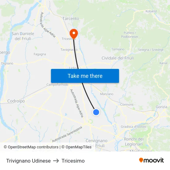 Trivignano Udinese to Tricesimo map
