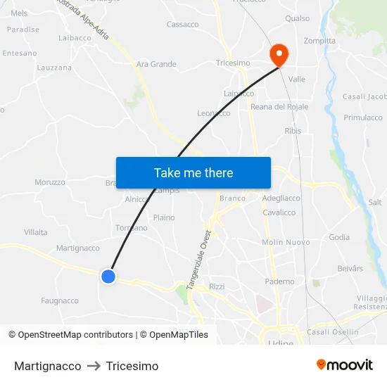 Martignacco to Tricesimo map