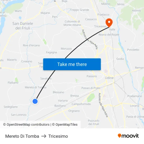 Mereto Di Tomba to Tricesimo map