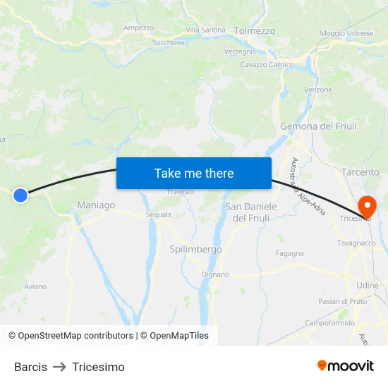 Barcis to Tricesimo map