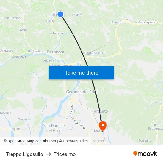 Treppo Ligosullo to Tricesimo map