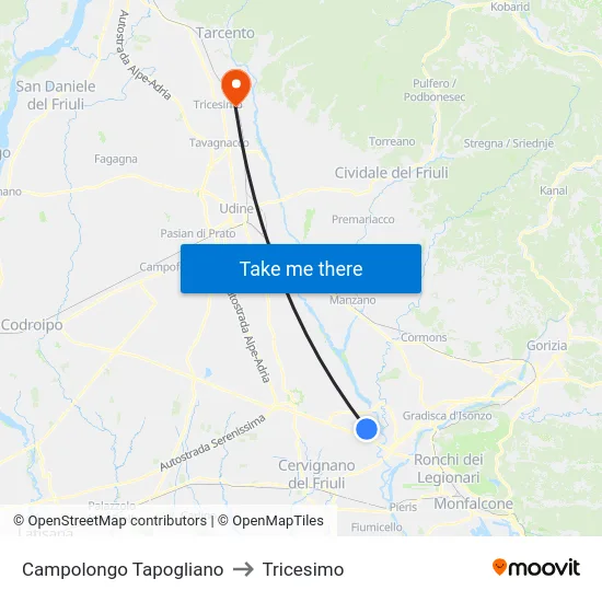 Campolongo Tapogliano to Tricesimo map
