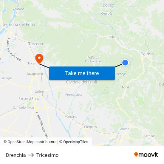 Drenchia to Tricesimo map