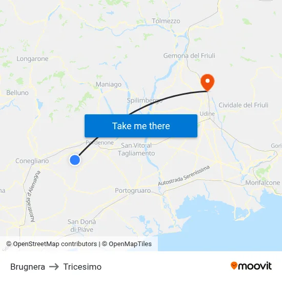 Brugnera to Tricesimo map