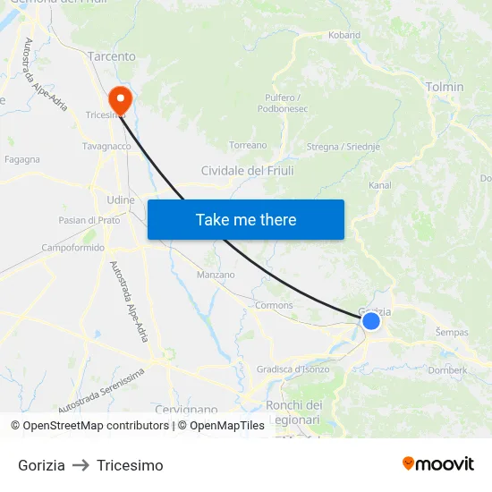 Gorizia to Tricesimo map