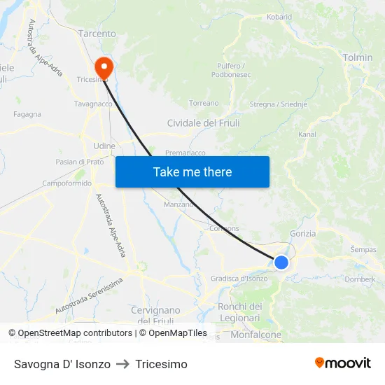 Savogna D' Isonzo to Tricesimo map