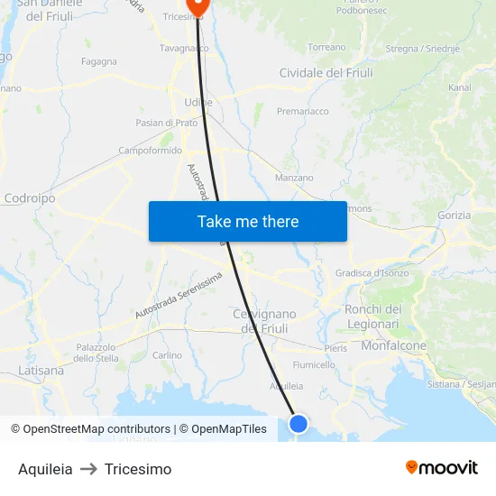 Aquileia to Tricesimo map