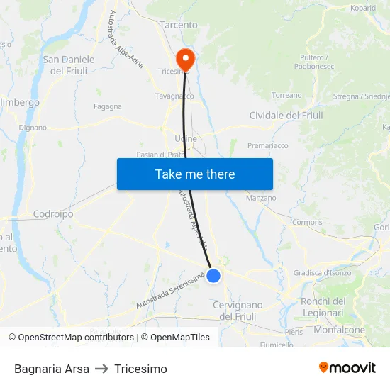 Bagnaria Arsa to Tricesimo map