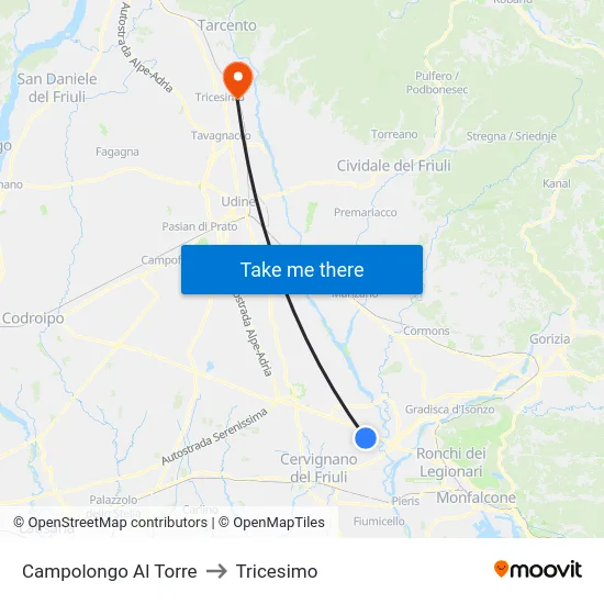Campolongo Al Torre to Tricesimo map