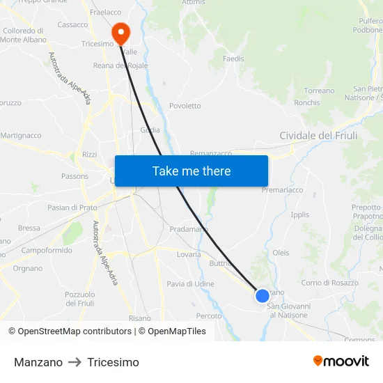 Manzano to Tricesimo map