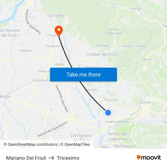 Mariano Del Friuli to Tricesimo map