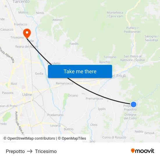 Prepotto to Tricesimo map