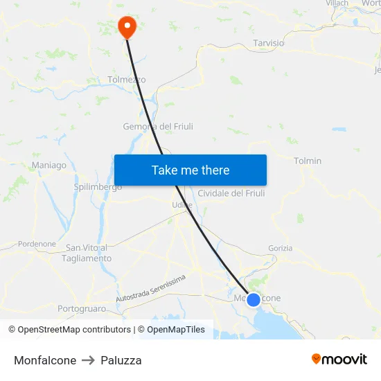 Monfalcone to Paluzza map