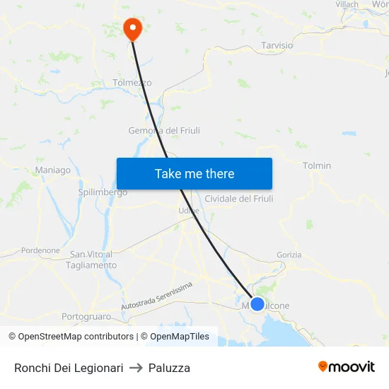 Ronchi Dei Legionari to Paluzza map