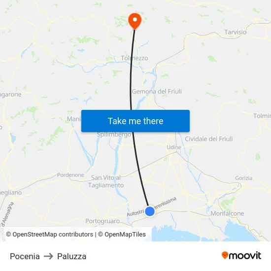 Pocenia to Paluzza map