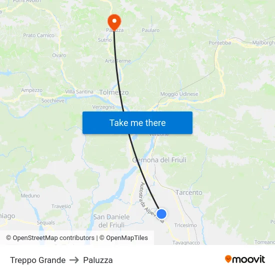 Treppo Grande to Paluzza map