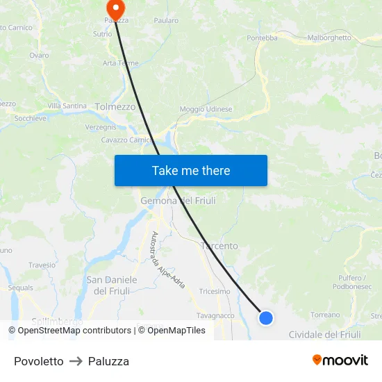 Povoletto to Paluzza map