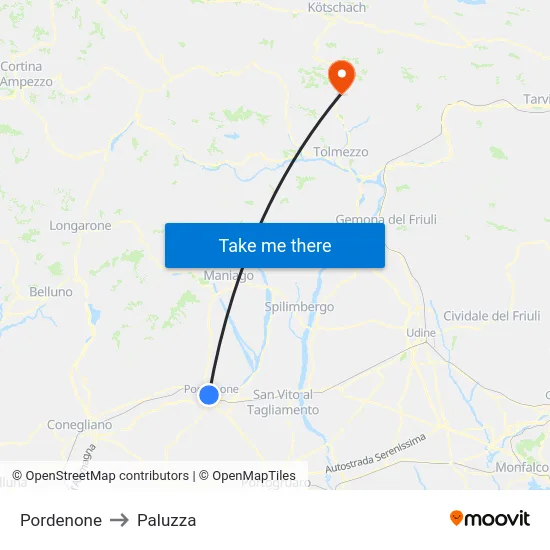 Pordenone to Paluzza map