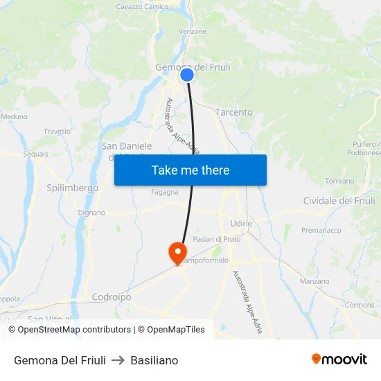 Gemona Del Friuli to Basiliano map