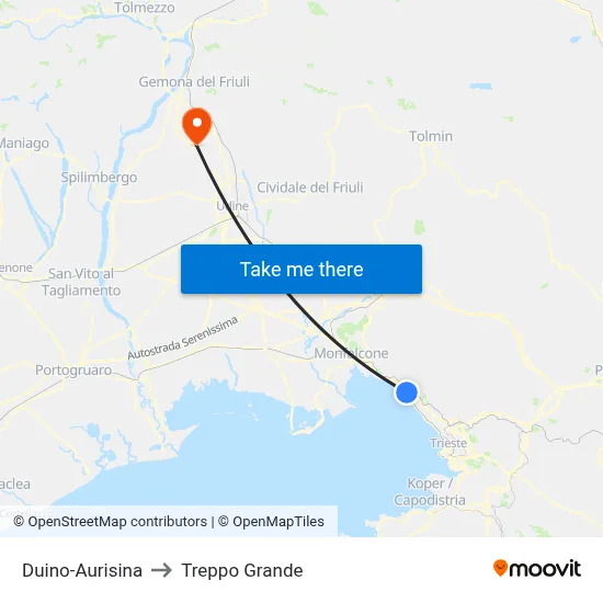 Duino-Aurisina to Treppo Grande map