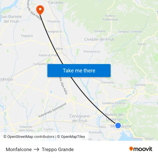 Monfalcone to Treppo Grande map