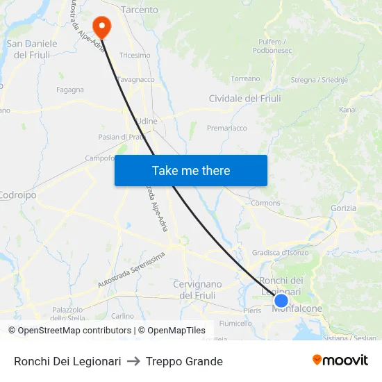 Ronchi dei Legionari to Treppo Grande map