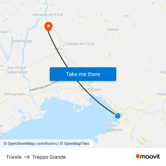 Trieste to Treppo Grande map