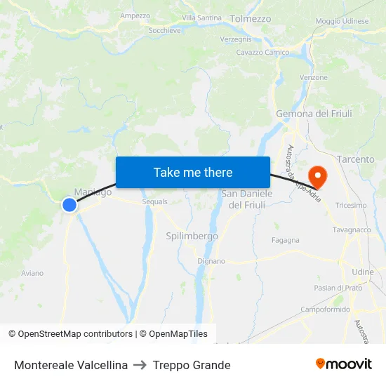 Montereale Valcellina to Treppo Grande map